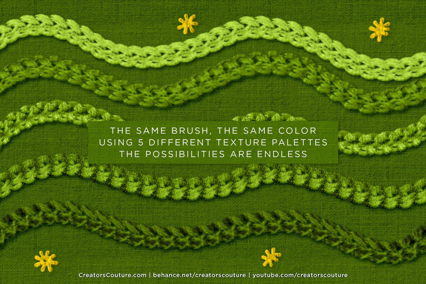 image showing the same embroidery brush but sampled from different texture palettes to create different 3d thread effects