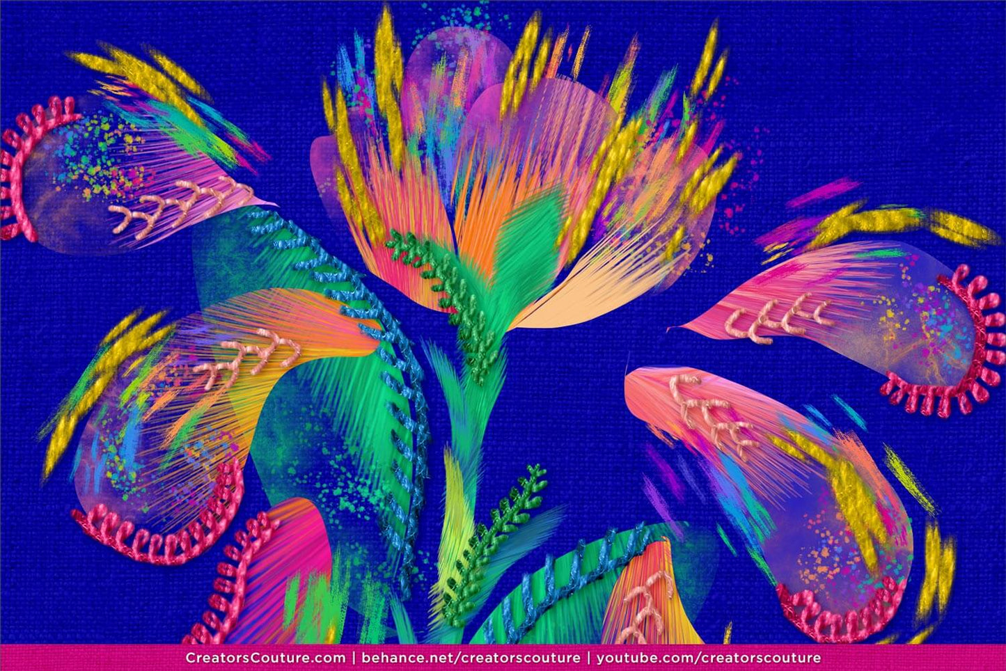 mixed media illustration using digital embroidery photoshop brushes, a colorful flower