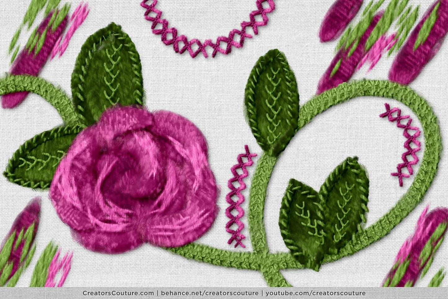 dimensional fabric and thread rose illustration, embroidered effect created in Photoshop