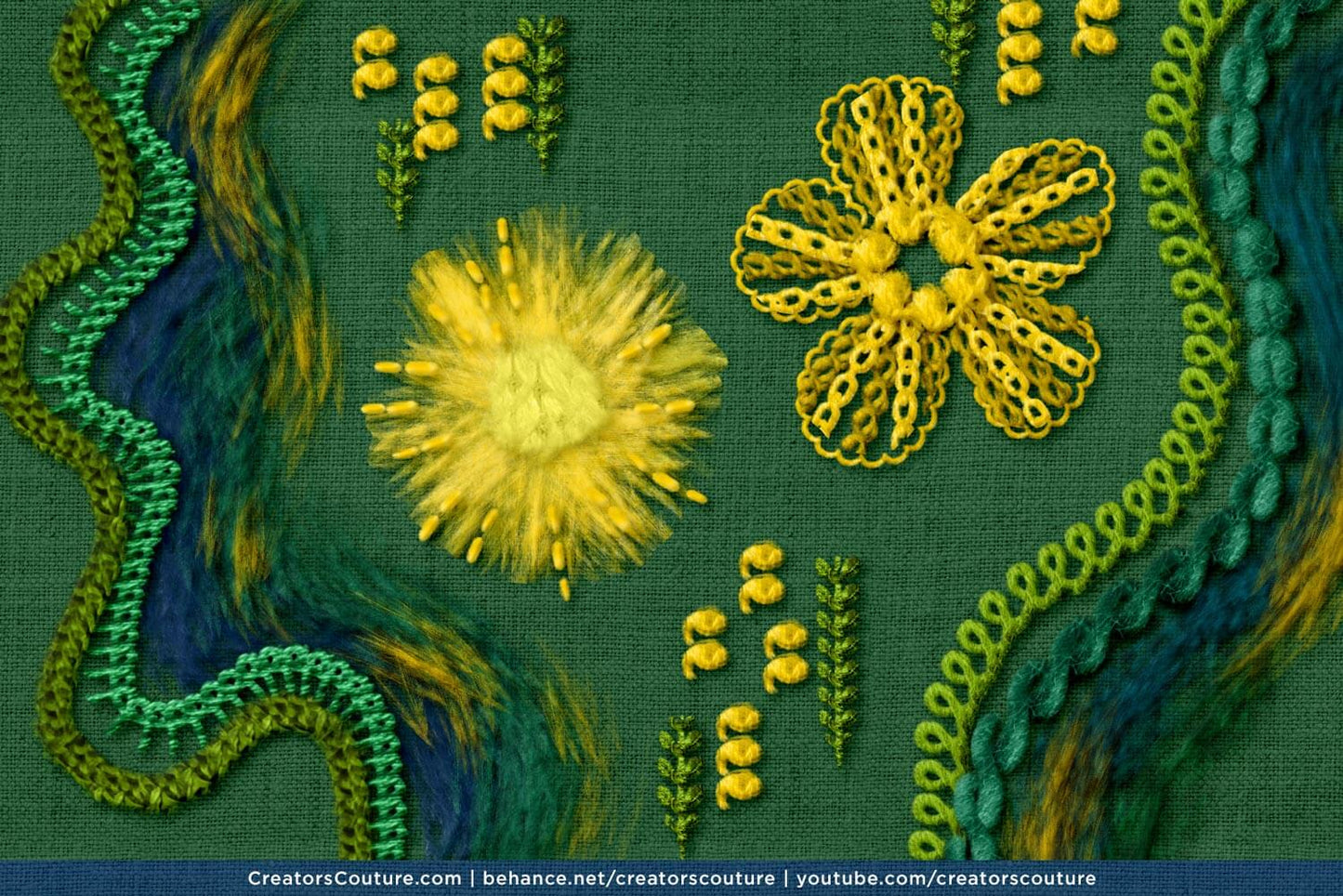abstract floral illustration combining photoshop brush strokes that emulate stitches, embroidery and felt art