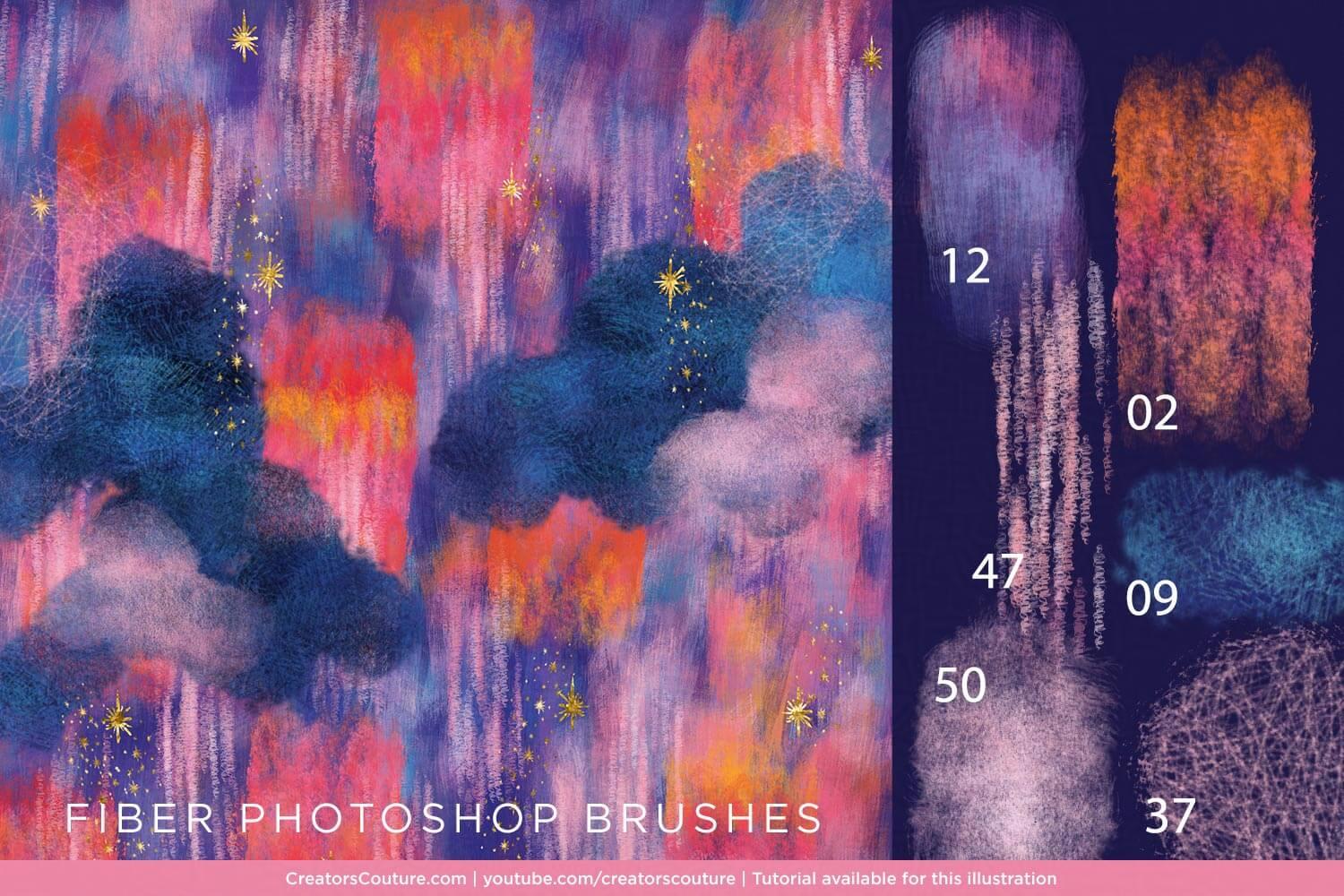 Fiber Photoshop brushes with colorful abstract design and numbers on a dark background