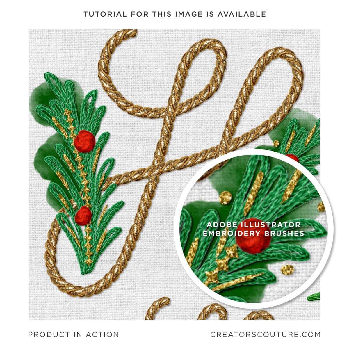 embroidery style Christmas monogram with metallic thread and holiday greenery in an embroidery style, created in Adobe Illustrator and Photoshop