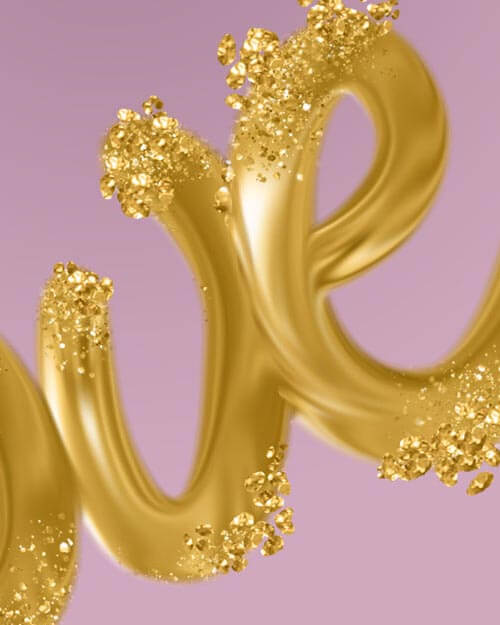 preview of liquid metallic gold photoshop brushes, gold lettering preview with metallic gold accents