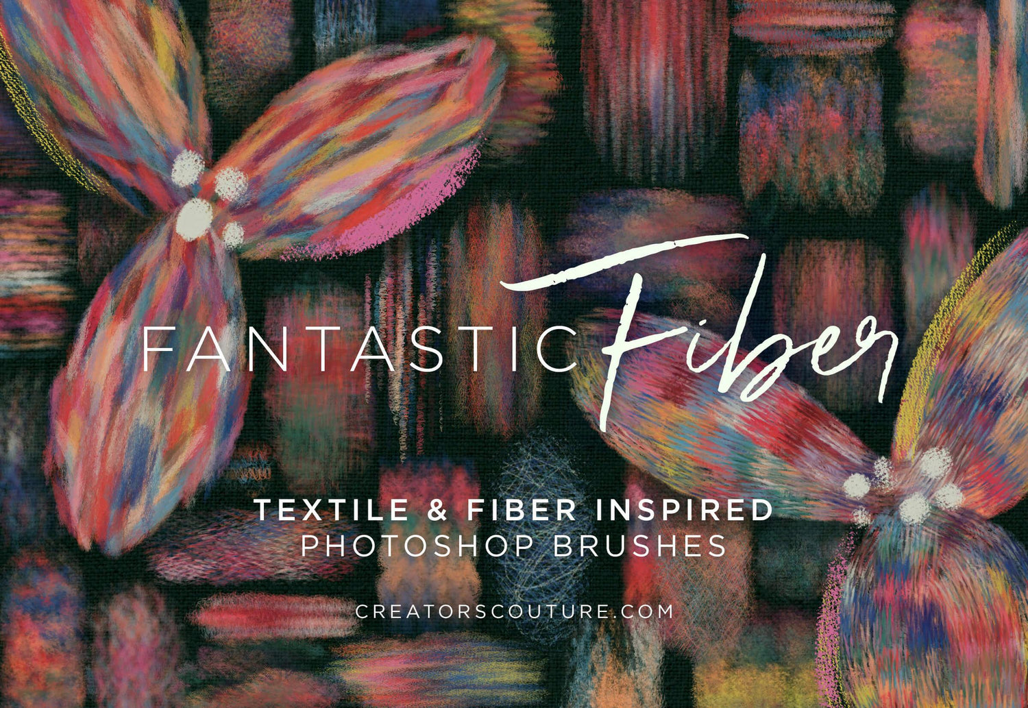 Textile and fiber inspired Photoshop brushes with colorful flowers on a dark background.