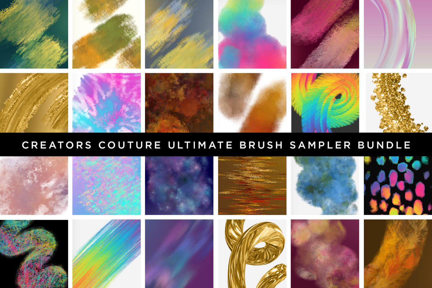 preview of multicolor photoshop brushes in bundle, including impressionist photoshp brushes, wet paint special effects brushes, gold effects via photoshop brushes, tie-dye brushes, watercolor brushes