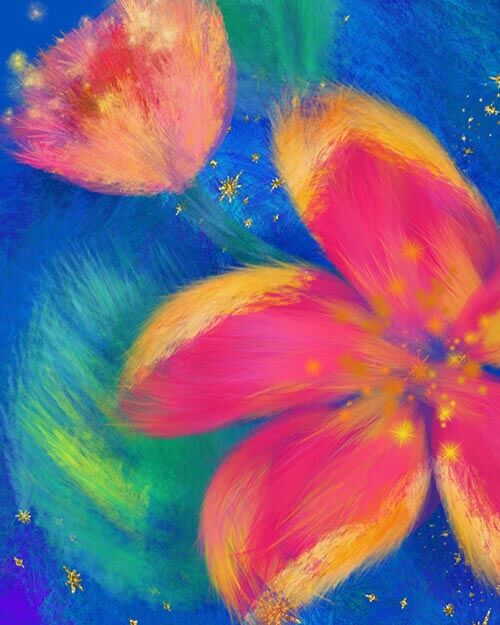 preview of painterly and artistic feather inspired multicolor photoshop brushes, flower illustration preview