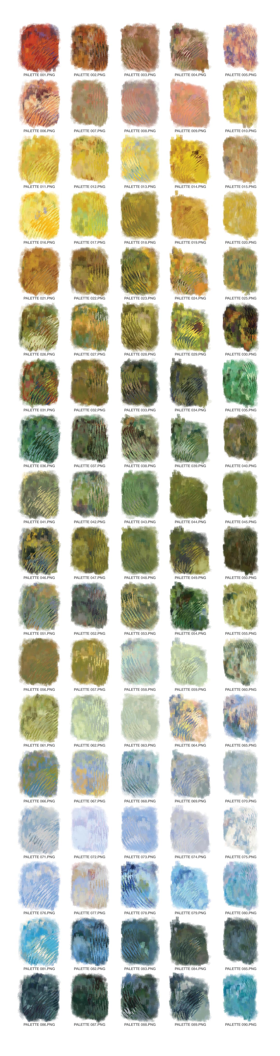 color palette preview grid of photoshop brush color palettes inspired by Impressionist Masters - chart 1