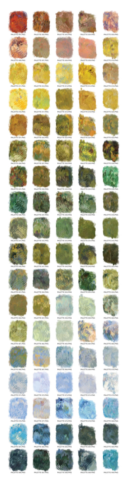 color palette preview grid of photoshop brush color palettes inspired by Impressionist Masters - chart 1
