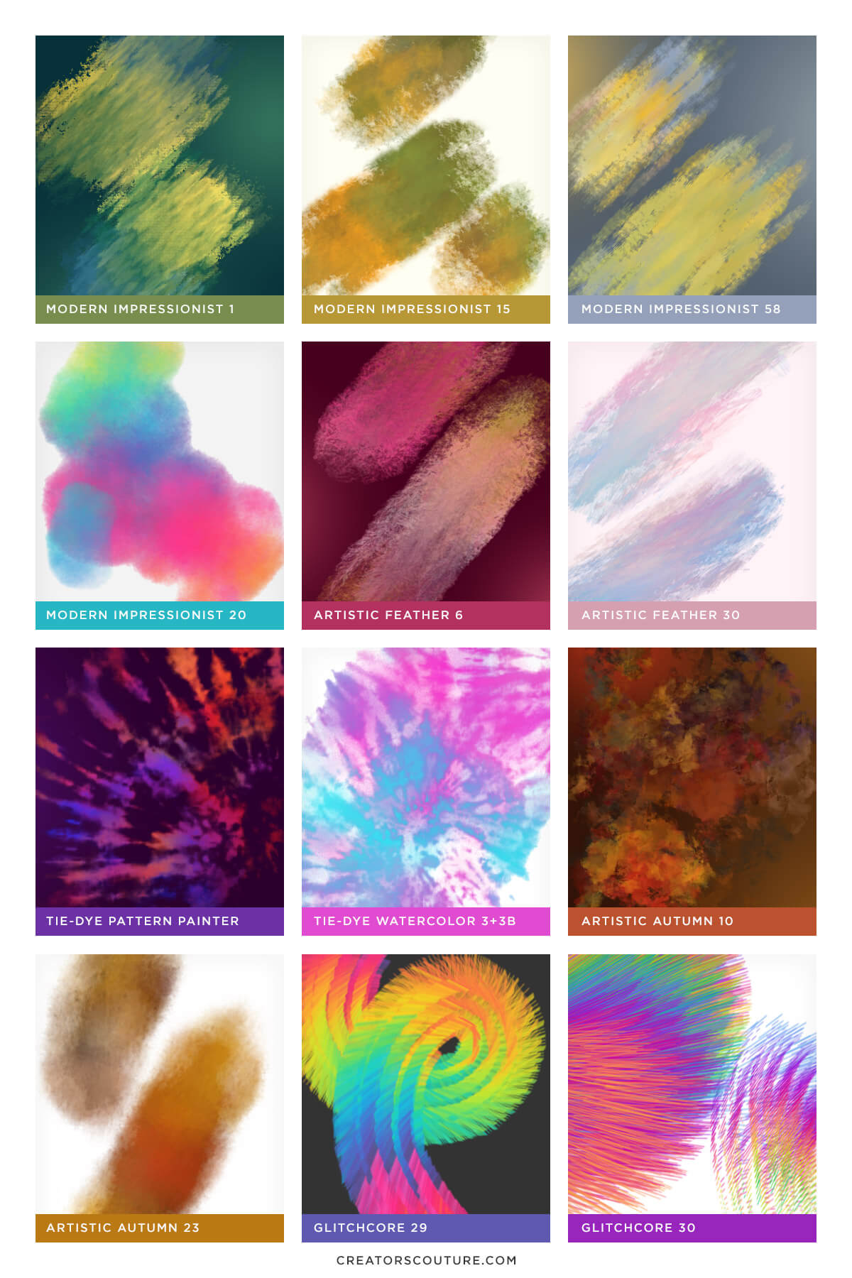 photoshop brush preview images, modern impressionist brushes, artistic feather brushes, tie-dye brushes, artistic autumn, and glitchcore photoshop brushes