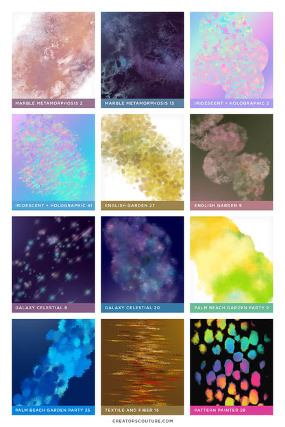 preview of multicolor photoshop brushes, including marble effects, iridescent effects, floral effects, galaxy effects, watercolor effects, and pattern effects