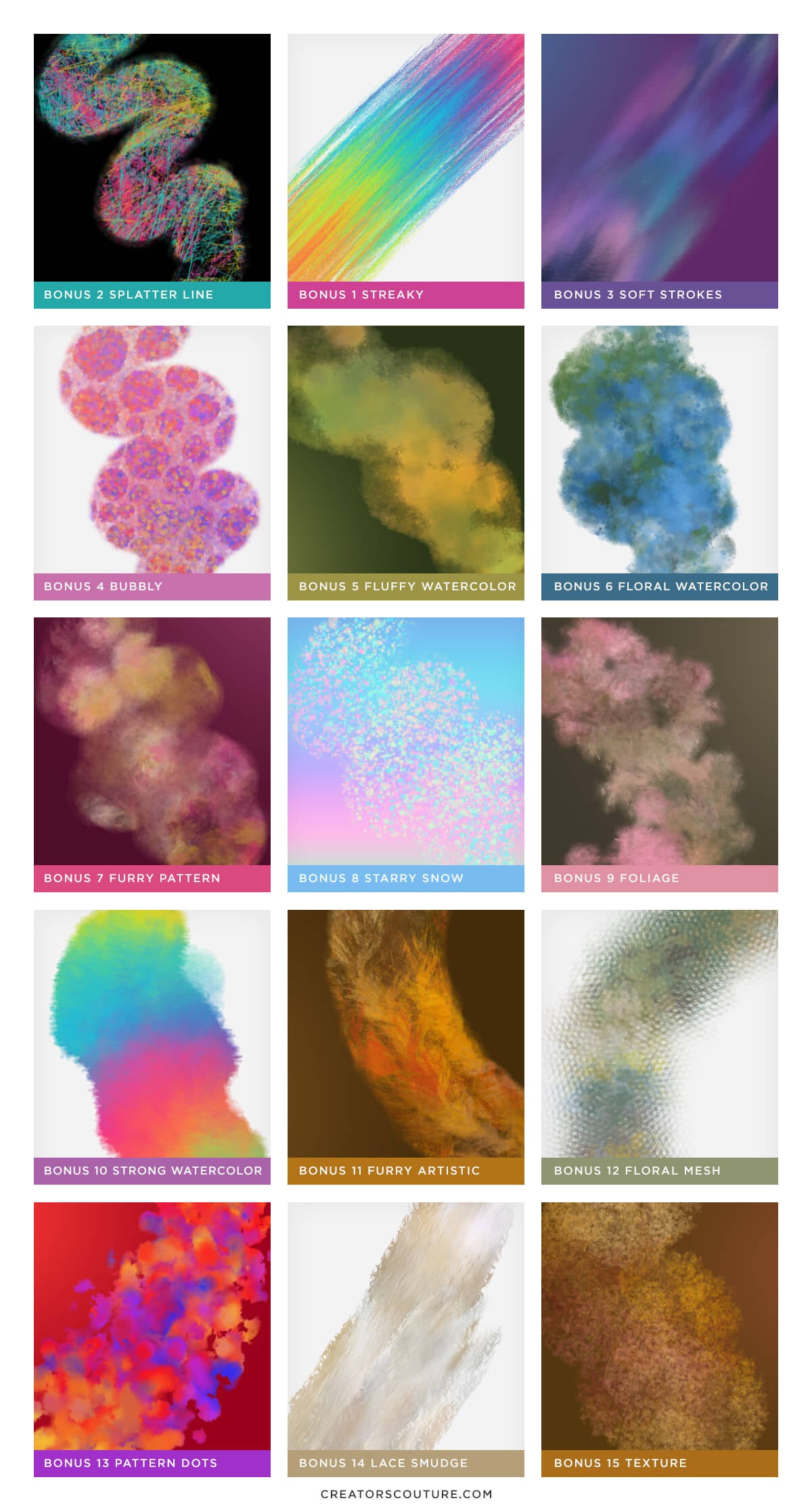 preview image of special effects photoshop brushes, including floral, pattern, and watercolor inspired Photoshop brushes