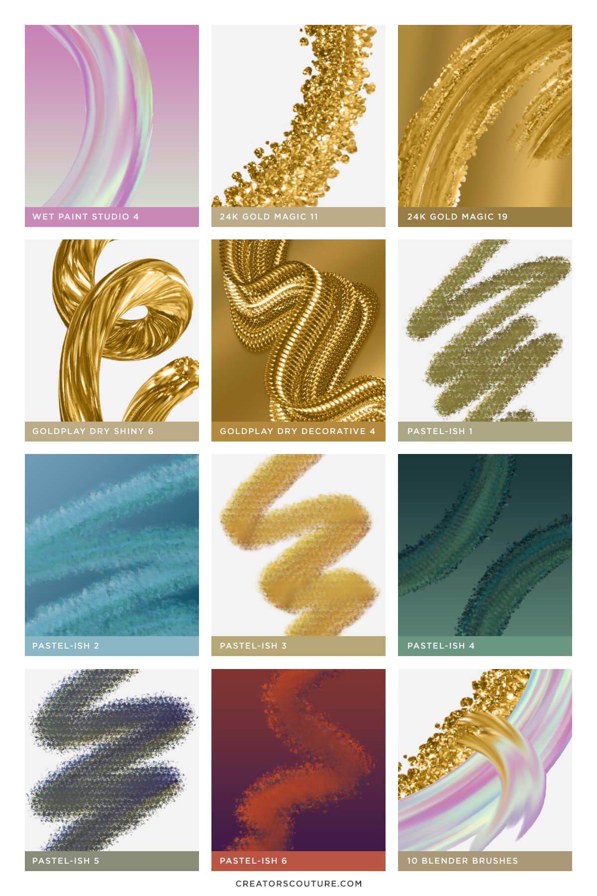 preview of wet paint photoshop brushes, including iridescent wet brushes, 24k liquid gold brushes, dimensional gold brushes, pastel brushes, and blender photoshop brushes,