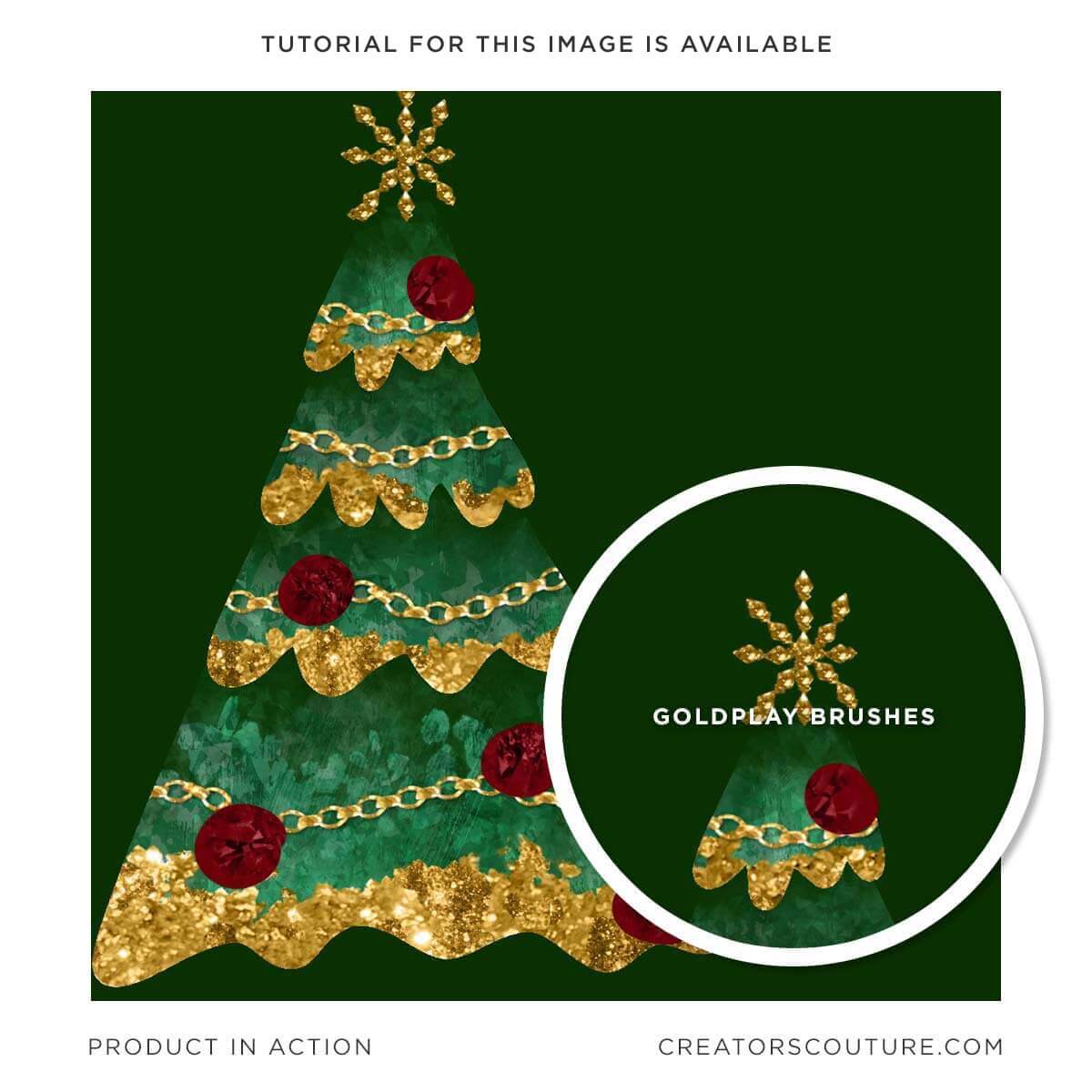 jewel Christmas tree illustration with metallic gold accents created with Photoshop brushes