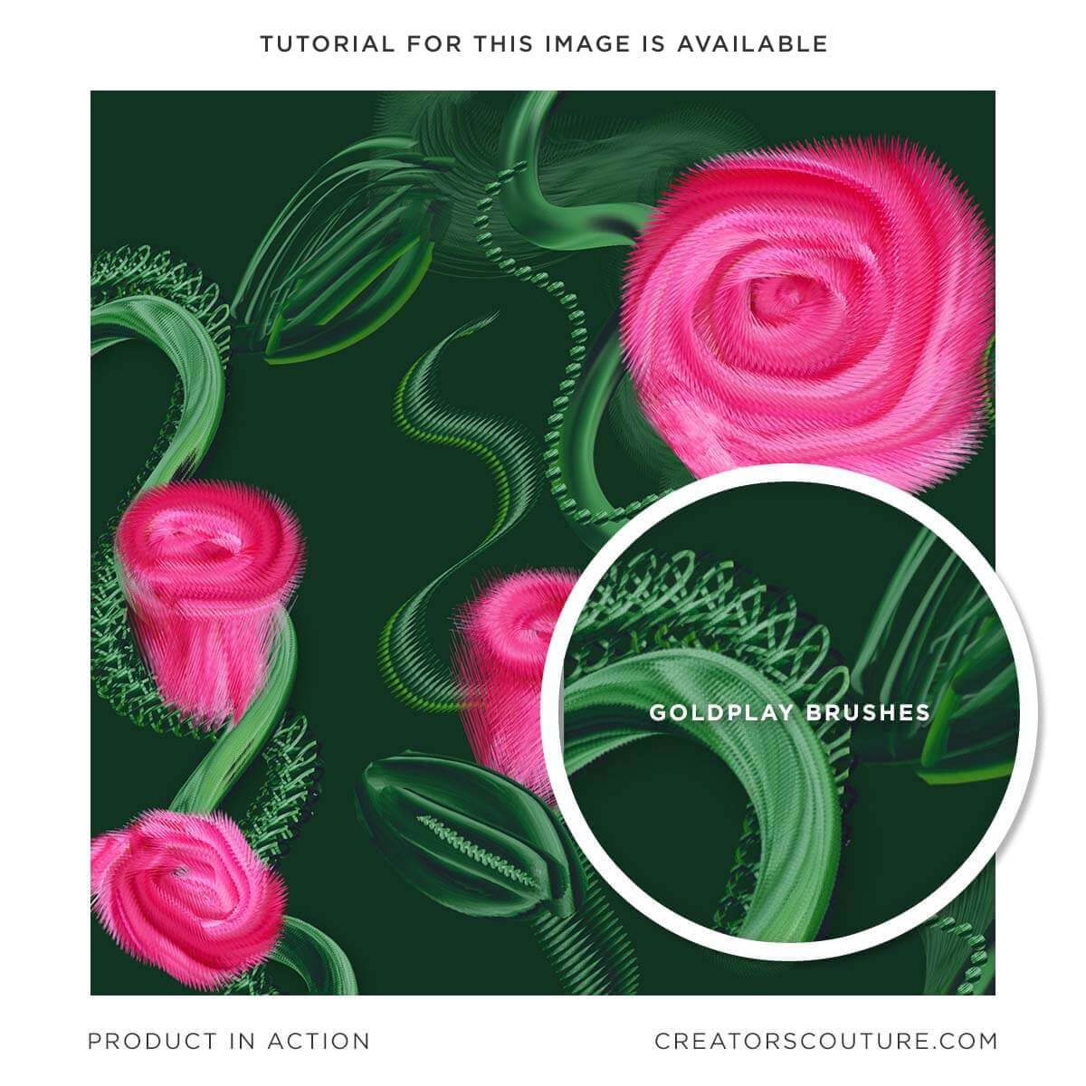 sample rose illustration using 3d metallic gold brushes in other colors, creating a 3d metallic green vine