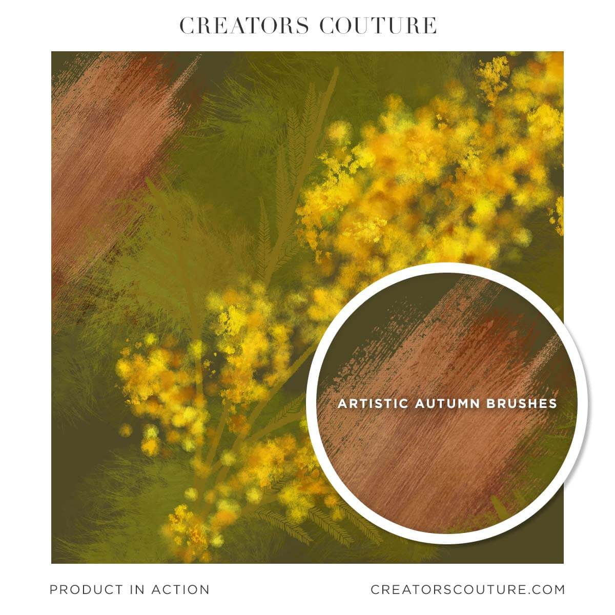 Abstract illustration of mimosa branch with a zoom on the artistic autumn multicolor brush 