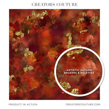 Abstract, digital background, red fall color, palette with leaf motif, created with multicolor Photoshop brushes, and accents of gold foil 