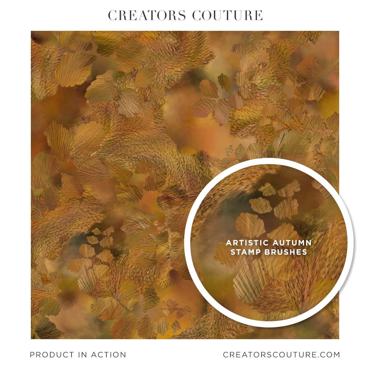 Abstract, illustrated digital background with an autumn color theme and leaf motif created with various multicolor brushes