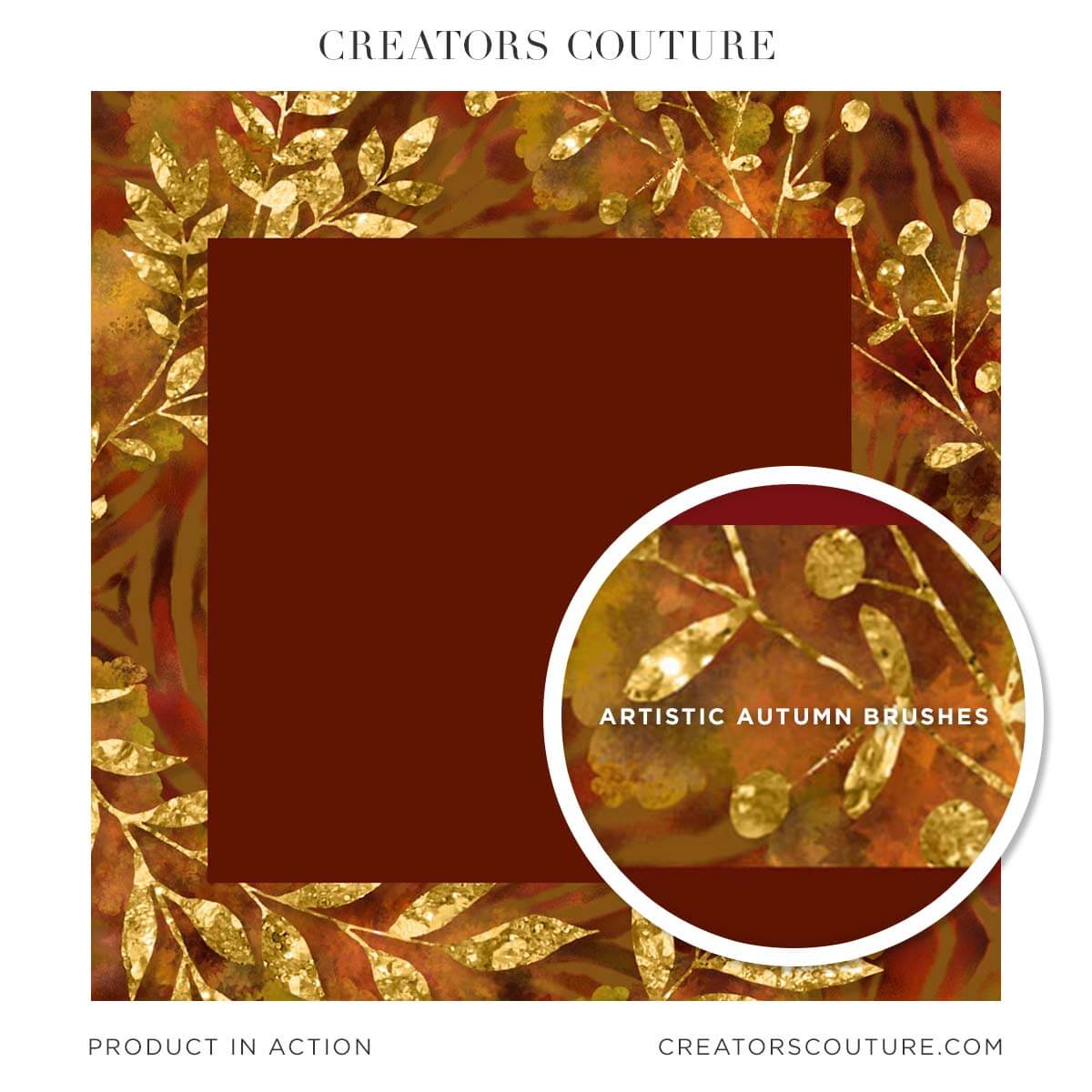 Fall inspired, digital background, frame design design with autumn, color, palette, gold, leaf accents, and multicolor Photoshop brush strokes 