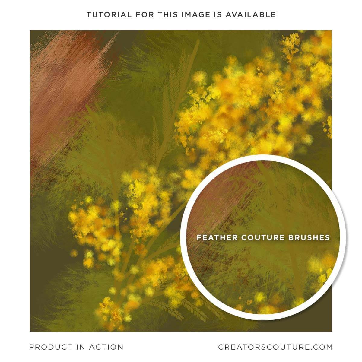Mimosa branch illustration created using artistic and painterly multicolor photoshop brushes with feather texture