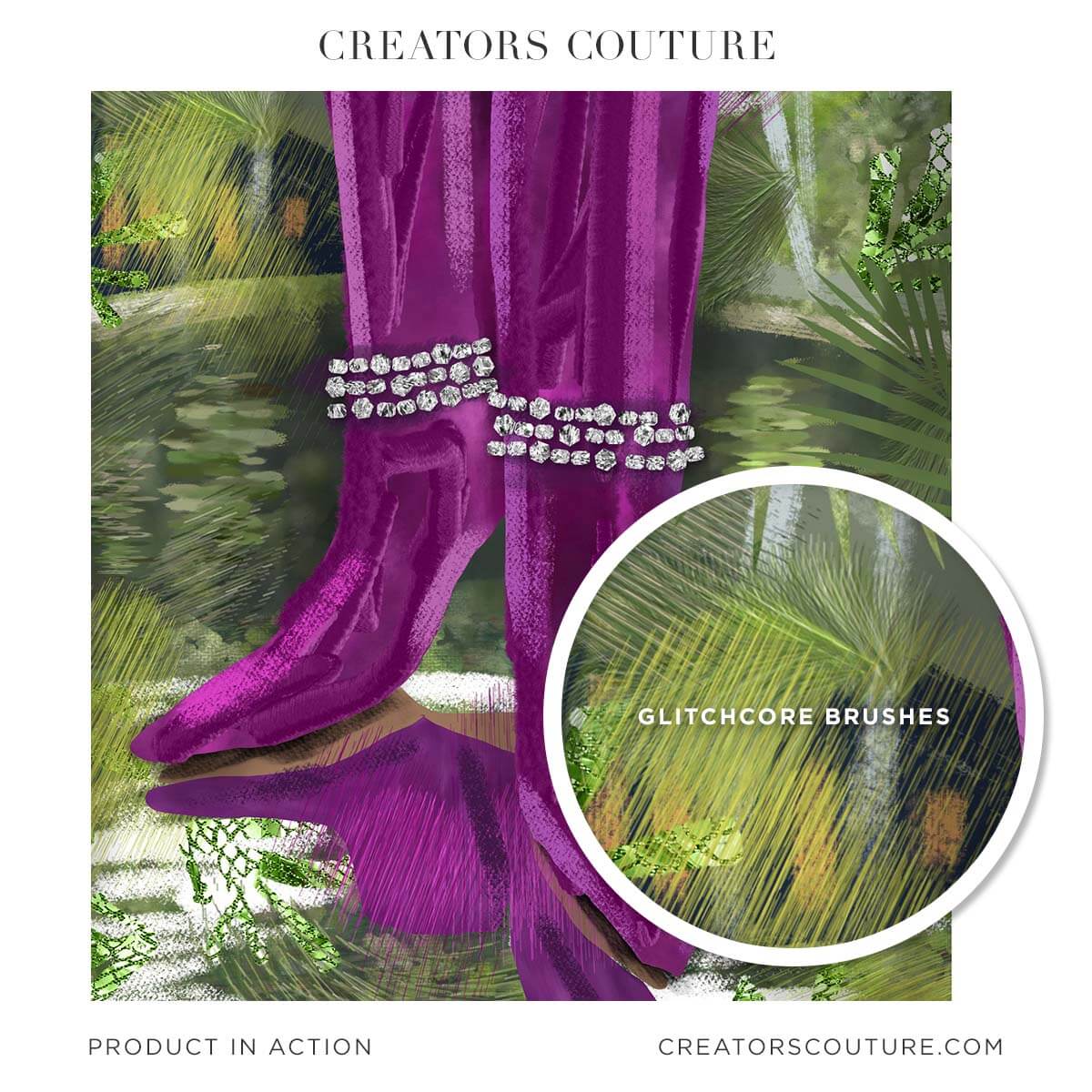 Luxury fashion, illustration of purple boots and greenery created with glitch effect multicolor Photoshop brushes