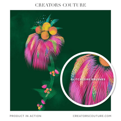Abstract, futuristic flower design illustration created with multicolor line and glitch Photoshop brushes