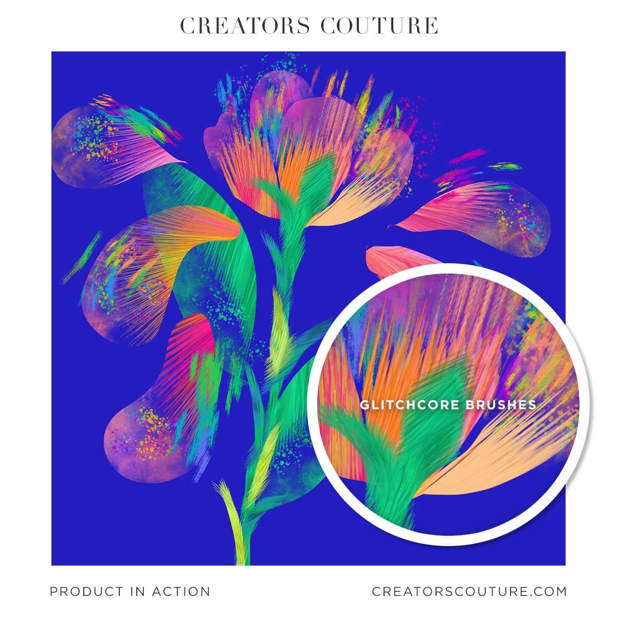 Bright abstract floral illustration with various levels of transparency, created with multicolor line and glitch effect Photoshop brushes