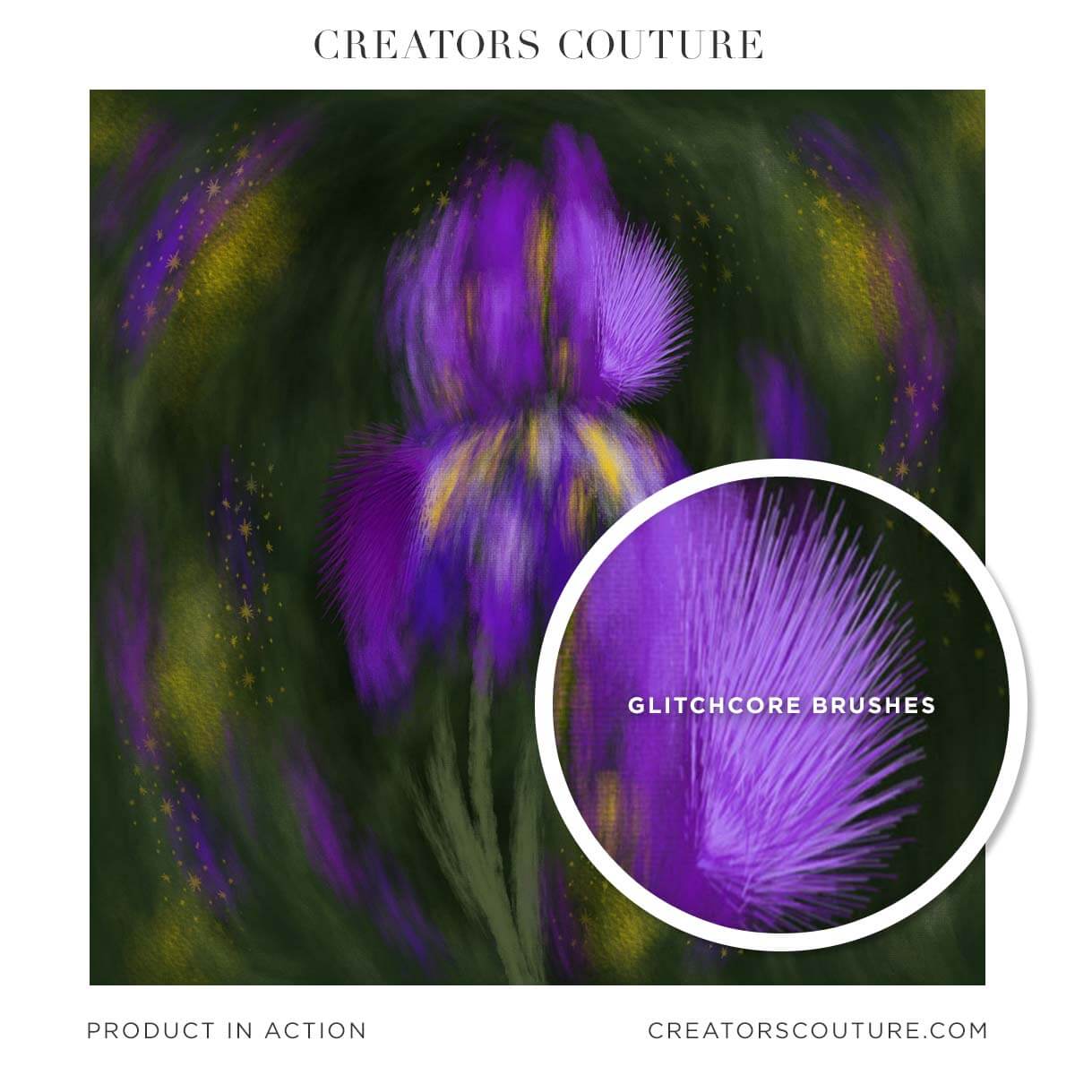 Impressionist Iris illustration with a purple flower and glitch effect brushes accenting the flower leaves 