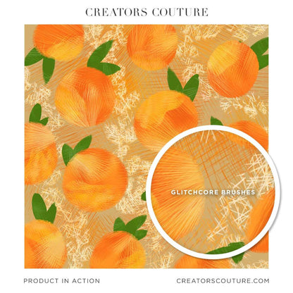 Orange citrus surface pattern design motif with multicolor oranges created using multicolor line Photoshop brushes with a glitch effect 