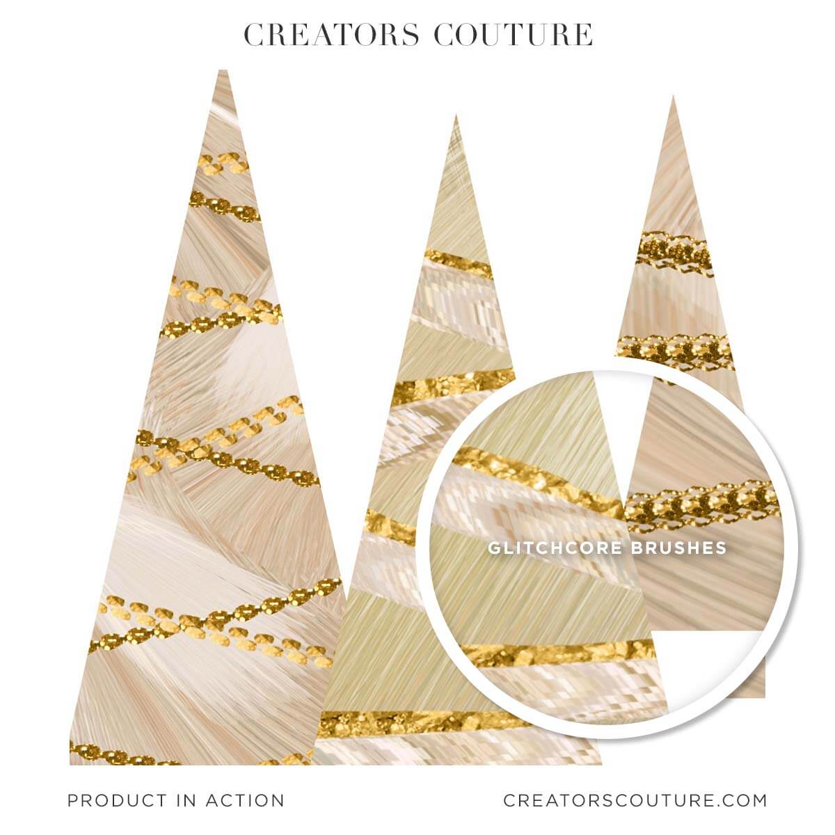 Abstract cream and beige Christmas tree illustrations with glitch and line effect, Photoshop brushes and gold accents