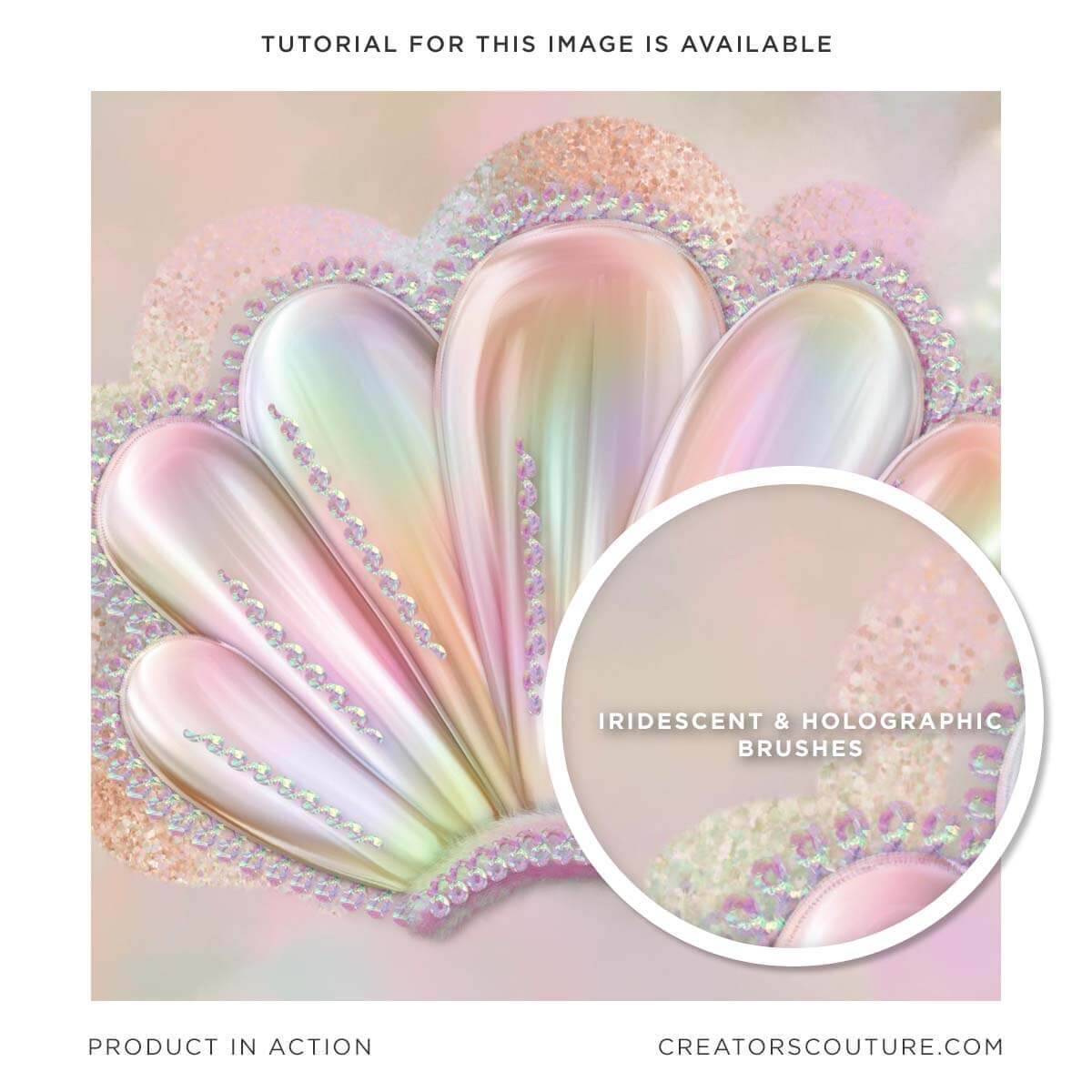 pearlescent shell digital art illustration accented with iridescent and holographic multicolor photoshop brush strokes