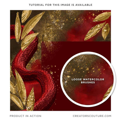 Red and gold theme, luxurious digital background, close-up of loose watercolor, photo shop brushes in action 