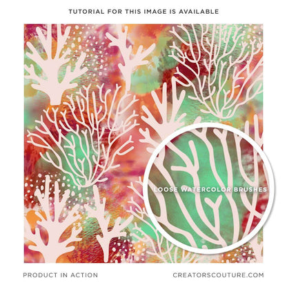 Coral surface pattern design with watercolor background, close-up of loose watercolor, Photoshop brushstrokes 