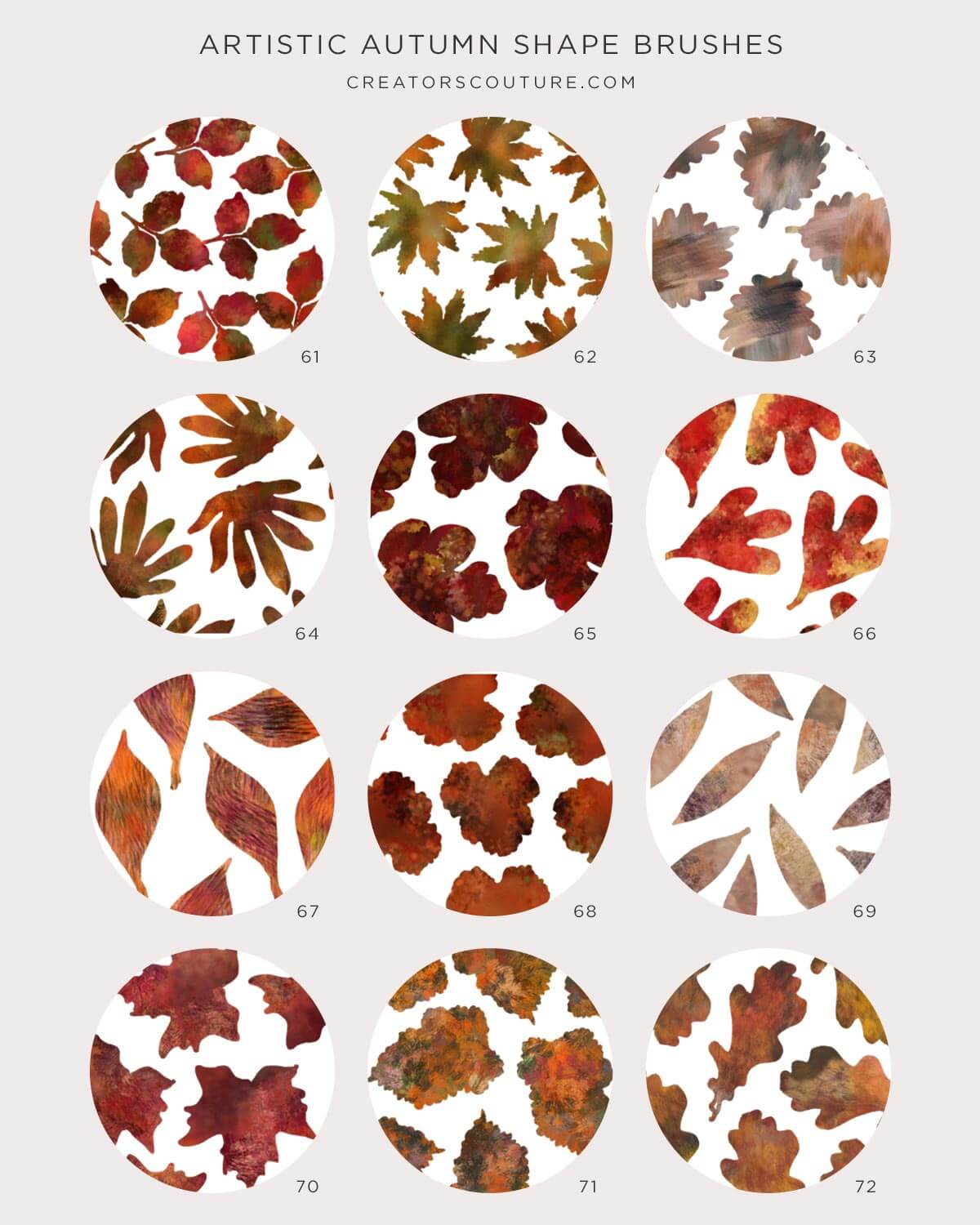 Photoshop stamp brushes in leaf shapes, brush chart of brushes, number 51 through 72 