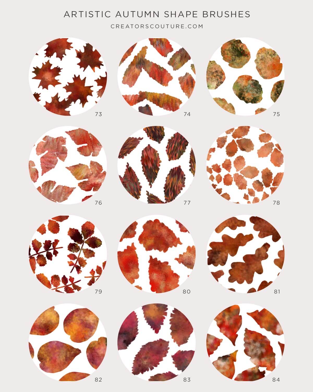 Photoshop stamped brushes in leaf shapes, brush chart of brushes 73 through 84 