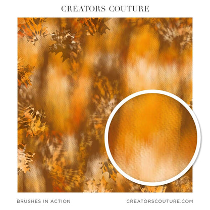 Abstract autumn themed surface pattern design with artistic multicolor, brushstrokes, and fall leaf motif 