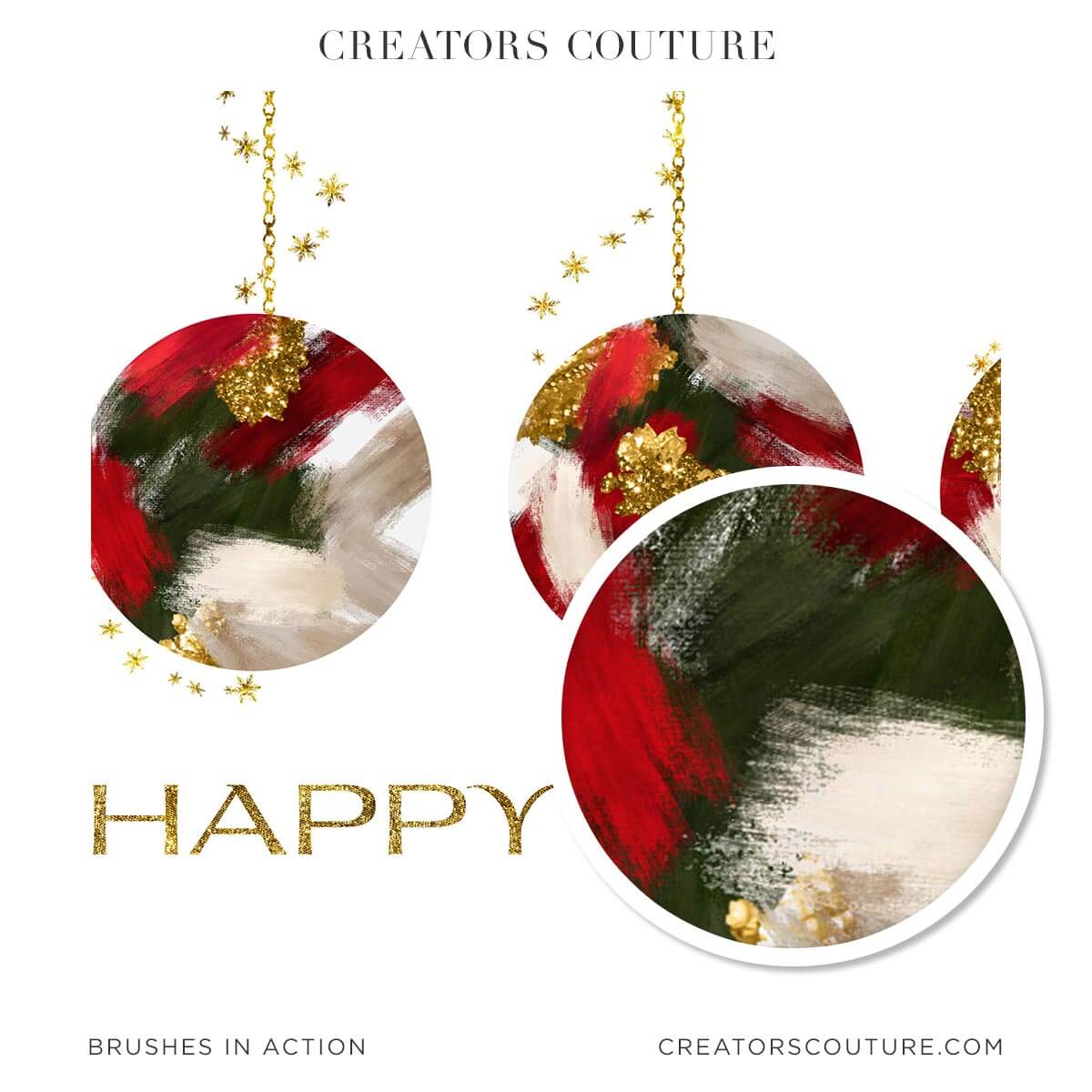 Abstract illustration of Christmas ornaments created with impressionist brushes and accents of metallic gold, colors in red green and cream