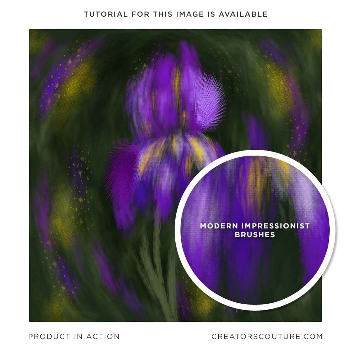 Painterly Iris illustration, purple flower, close-up of multicolor, impressionist, Photoshop brush strokes 