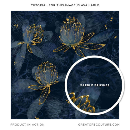 Dark blue floral illustrations, abstract, accented with marble background created using marble Photoshop brushes 
