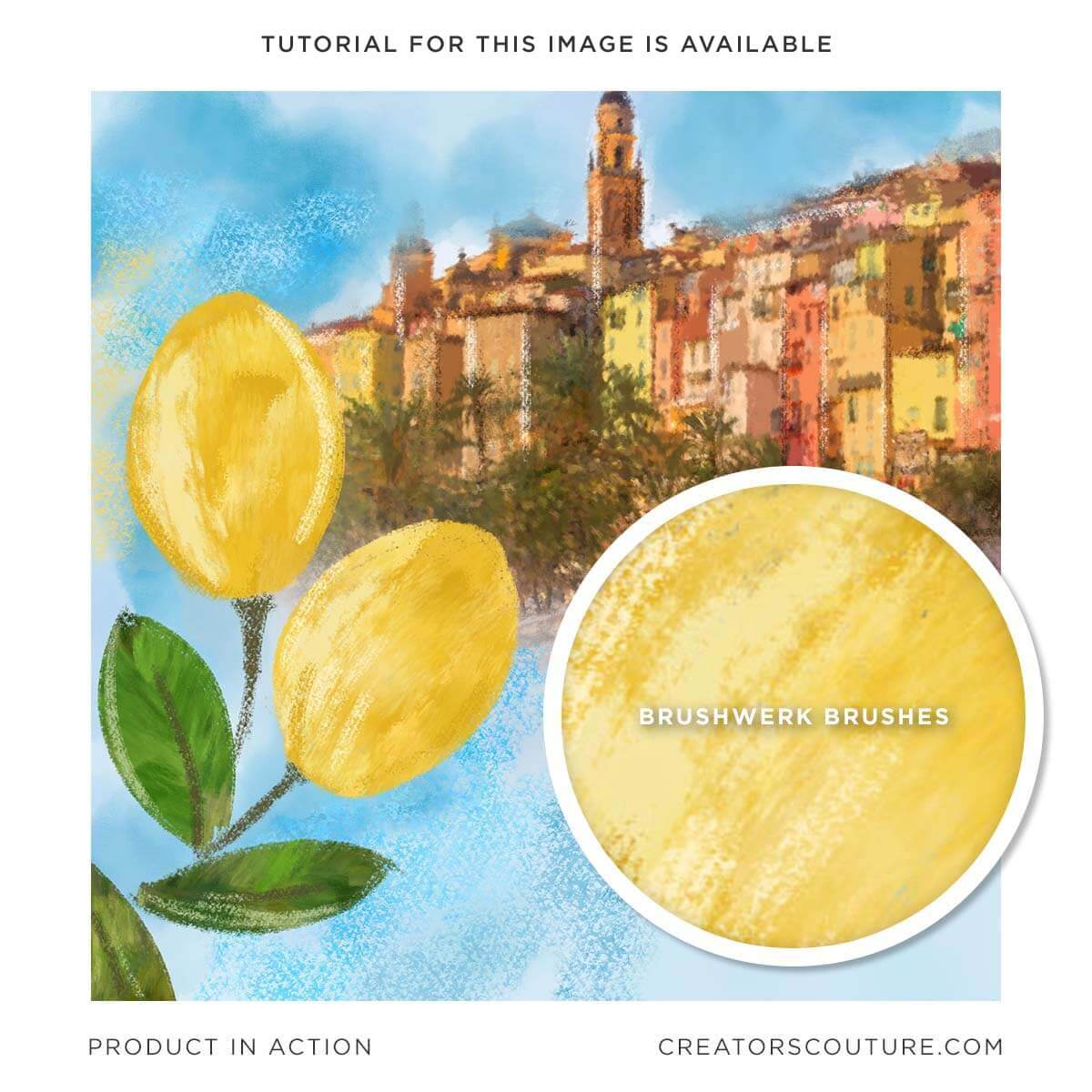 illustration of Menton France, lemons in foreground, close up of natural media photoshop brush strokes, natural media photoshop brushes, realistic texture, pencils, pastels, charcoal, inks, gouache & watercolor,