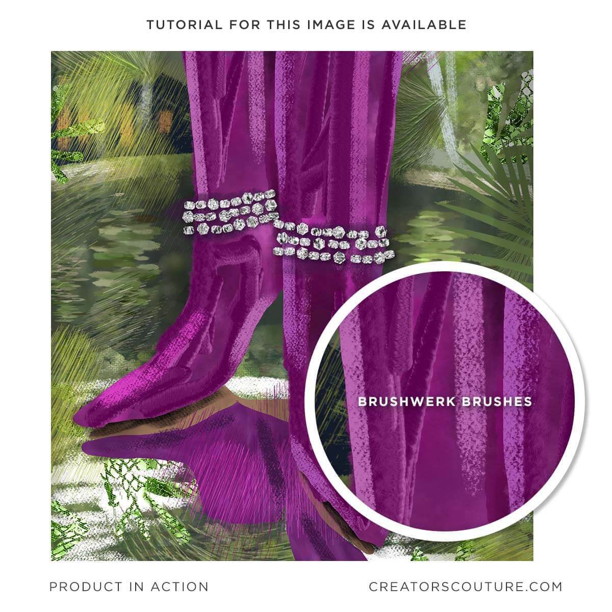 fashion illustration of purple boots on green background, close up of natural media brush strokes created in Photoshop with texture
