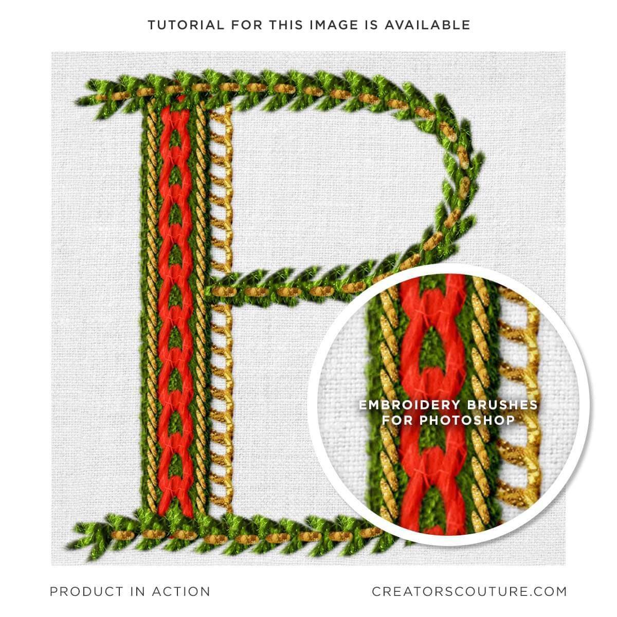 Embroidery illustration created in Photoshop, B monogram in a holiday style with realistic embroidery stitches, tutorial preview image 