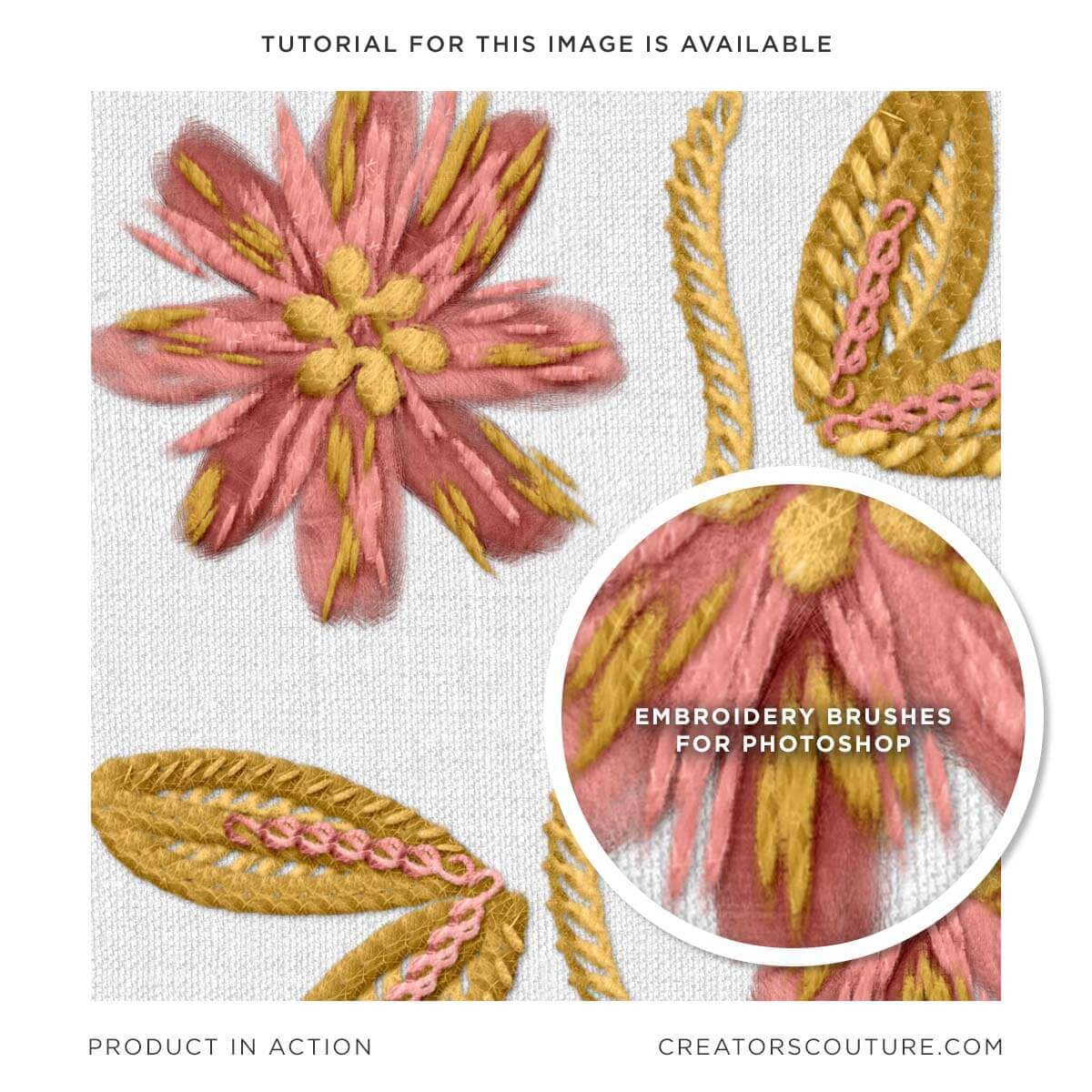 Thread art style illustration created in Photoshop of motif, leaves, and vine. Close-up showing a dimensional realistic effect with Photoshop brushes that look like real threads. Tutorial preview