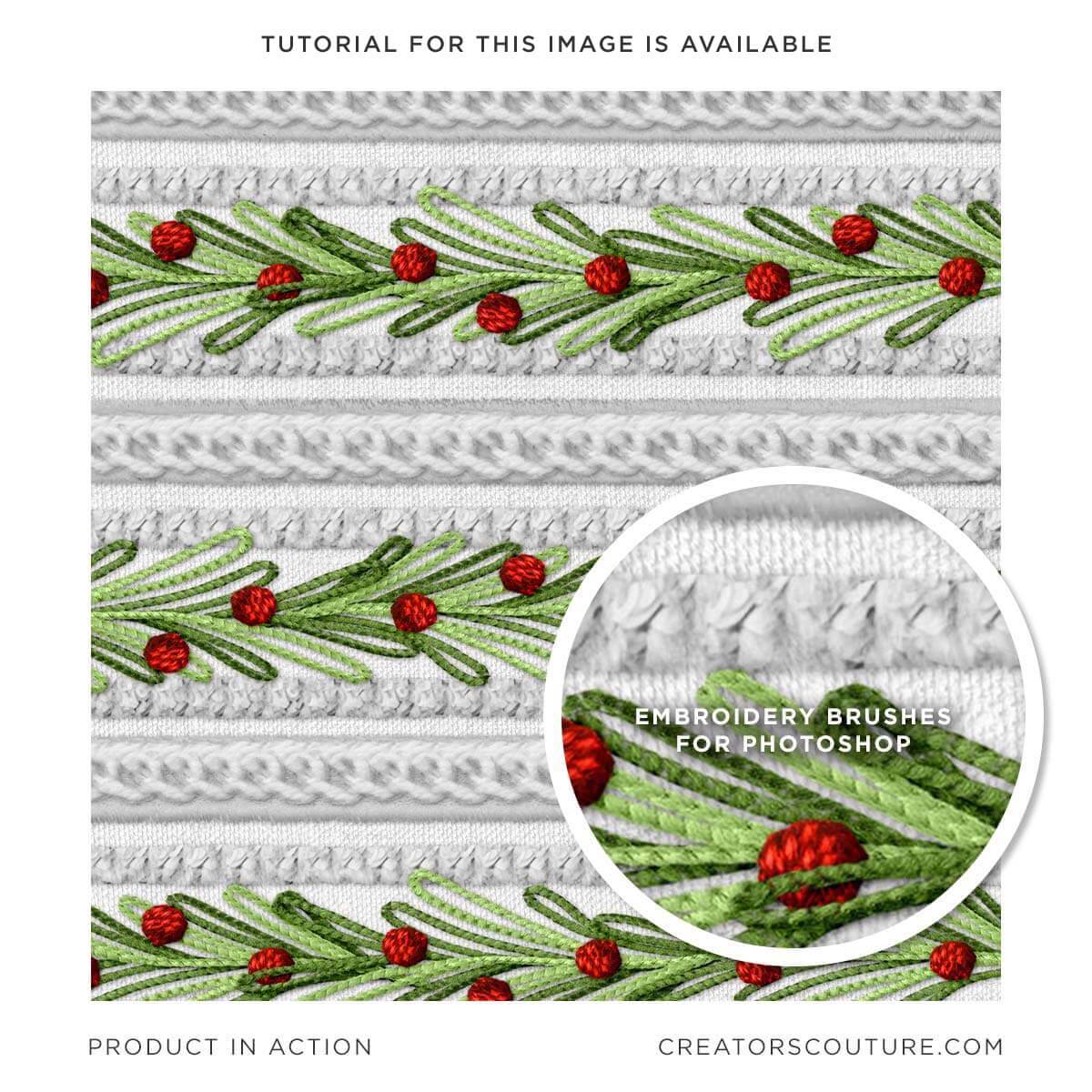 Surface pattern design sample created in an embroidery effect, made with Photoshop brushes. Embroidery style holiday greenery illustration over a white embroidered background, realistic, 3-D embroidery effect. 