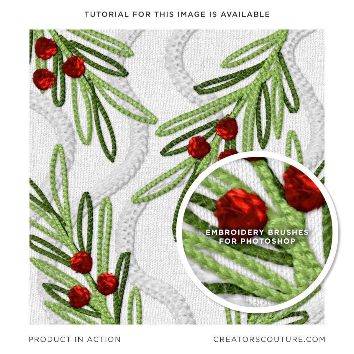 Illustrated pattern design in the style of realistic illustration, created in adobe Photoshop using specially designed Photoshop brushes. Illustrated holiday greenery in the style of embroidery over a white background. 