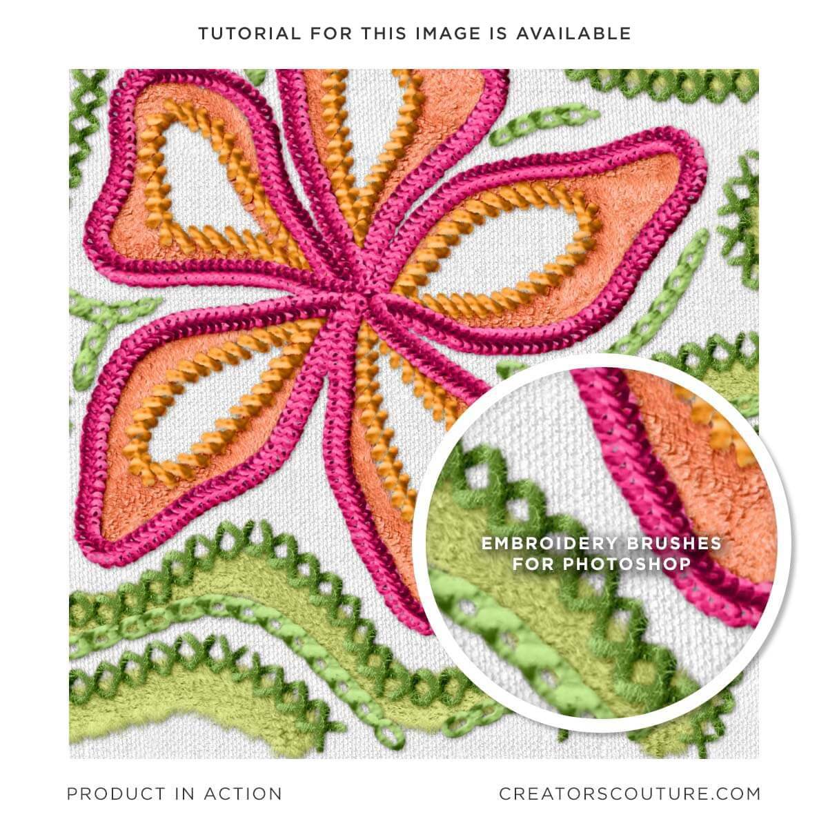 Floral motif illustration in embroidery and stitched style, created in Photoshop, close-up of realistic, 3-D style created with specially designed Photoshop brushes 
