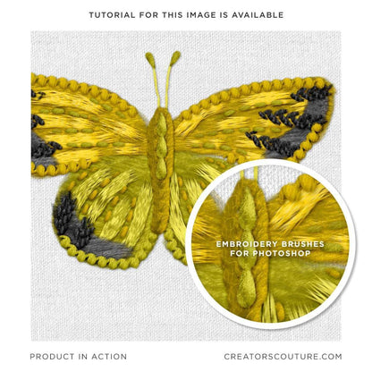 Embroidery style illustration of a butterfly, yellow, butterfly with black accents, created in Photoshop with realistic Photoshop brushes that emulate the effect of thread and embroidery 