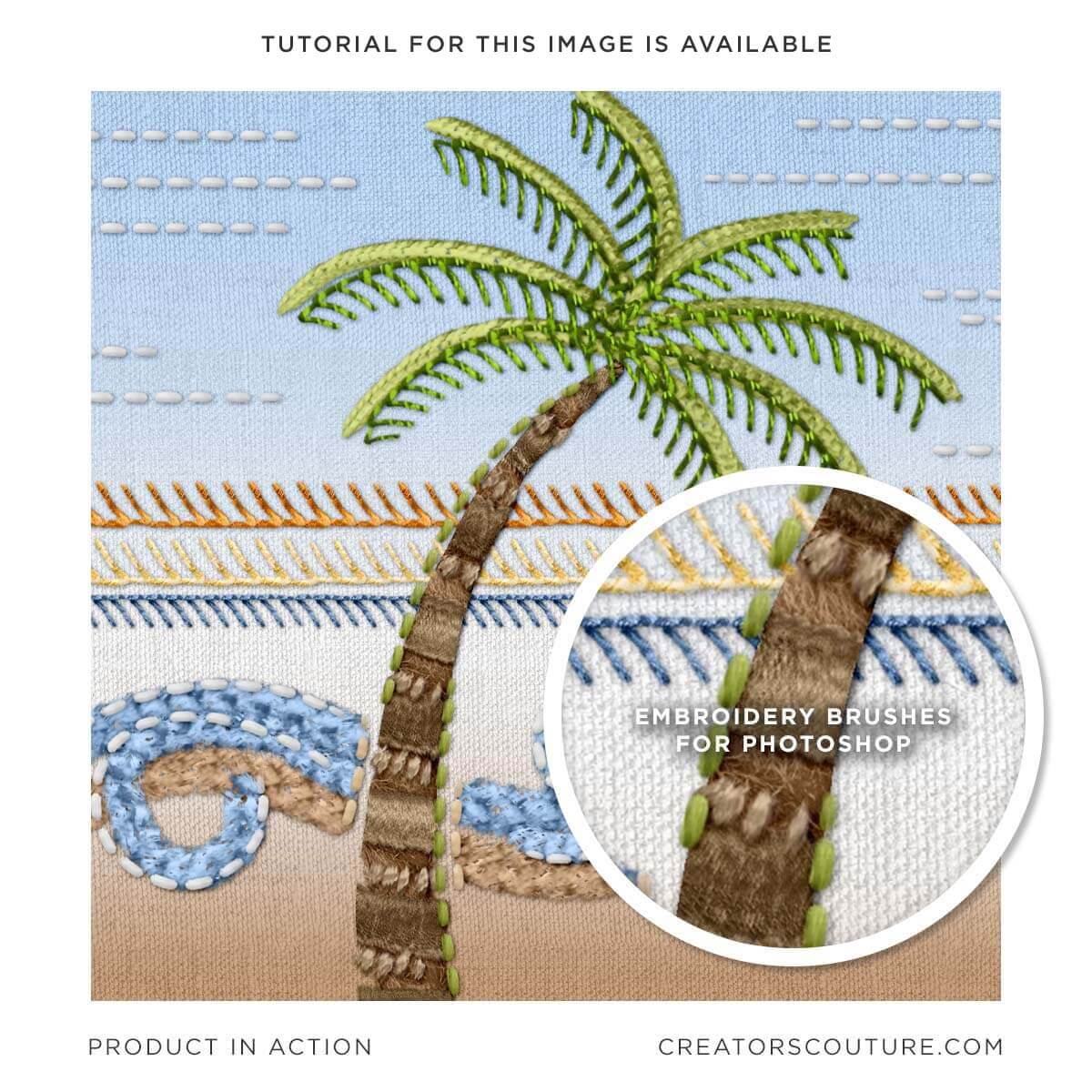 Embroidery style illustration of a palm tree on a beach, close-up of 3-D style, realistic, embroidered effect created, and Photoshop using specially design brushes 