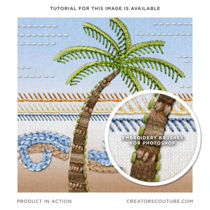 Embroidery style illustration of a palm tree on a beach, close-up of 3-D style, realistic, embroidered effect created, and Photoshop using specially design brushes 