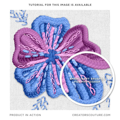 Embroidery style illustration of a flower motif in purple and blue, close-up of stitch effect created with specially designed Photoshop brushes