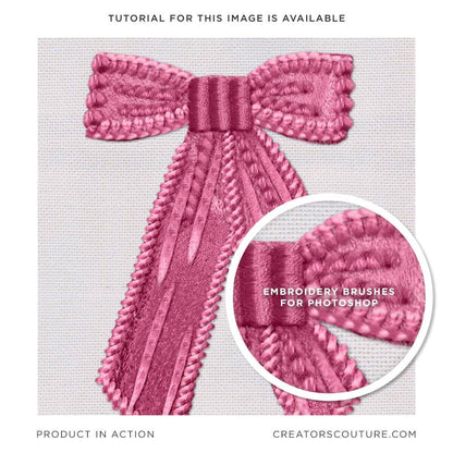 Embroidery effect illustration of a pink coquette bow, created in Photoshop using specially designed brushes that emulate the illusion of stitches and thread 